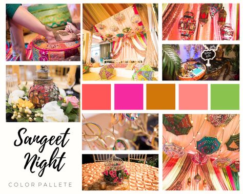 An Indian wedding color palette & style board, the perfect decor for a sangeet or pre-wedding event Indian Wedding Colour Palette, Indian Wedding Color Palette, Indian Wedding Mood Board, Indian Wedding Color Schemes, Sangeet Decorations, Color Palette Style, Pastel Wedding Decorations, Sangeet Decor, Indian Wedding Theme