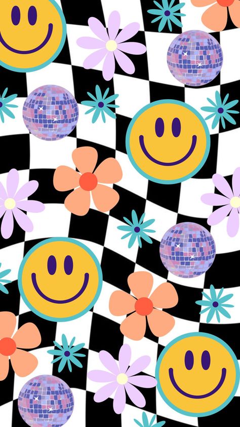 Retro Trippy Aesthetic Wallpaper, Wallpaper Backgrounds Groovy, Retro Flower Wallpaper, Smilie Faces Aesthetic Wallpaper, Trippy Smiley Face Wallpaper, Groovy Collage Wallpaper, Groovy Shroom Wallpaper, Wallpaper Iphone Boho, Iphone Wallpaper Pattern