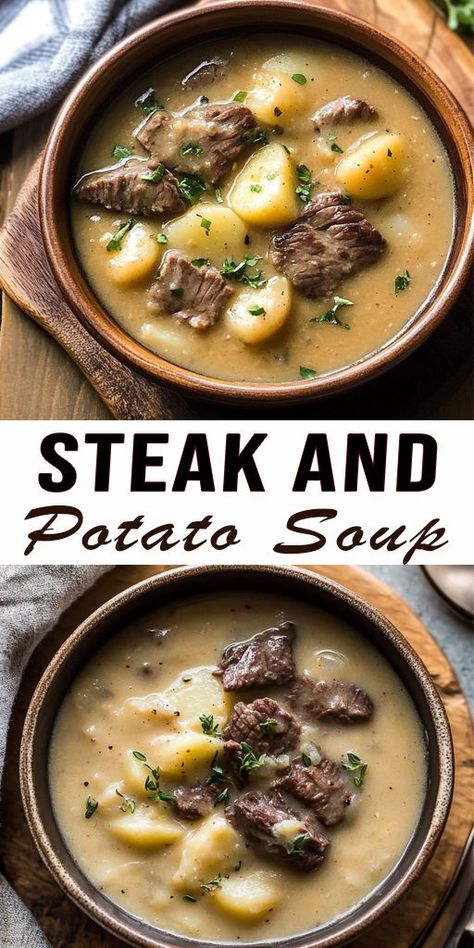 This steak and potato soup will keep you cozy all winter long! ❄️✨ Slow-cooked perfection in every bite, it’s hearty, flavorful, and oh-so-satisfying. A must for soup lovers! #WinterMeals #SoupRecipes #CozyEats 💕 Spicy Beef And Potato Soup, Steak And Potato Soup Stovetop, Steak And Potato Soup Instant Pot, Soup With Steak Meat, Soups With Steak, Steak Potato Soup, Beef Potato Soup, Soup For Winter, Steak And Potato Soup