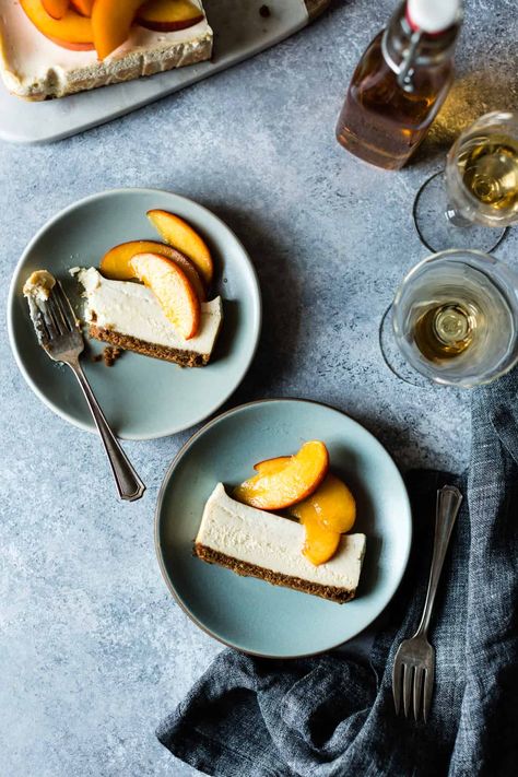 Small Batch Cheesecake with Elderflower Peaches {gluten-free} Small Batch Cheesecake, Summer Fruit Desserts, Bojon Gourmet, Gluten Free Cheesecake, Classic Cheesecake, Cakepops, Fruit Desserts, Summer Fruit, End Of Summer