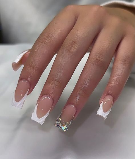 Glam French Tip Nails, Blinged Out French Tip Nails, Rhinestone French Tip Nails, Gel Toe Nails, Colored Acrylic Nails, Girly Acrylic Nails, Simple Acrylic Nails, Classy Acrylic Nails, Short Square Acrylic Nails