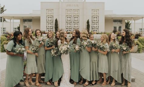 lds friendly, temple wedding, fall, sage green dresses, short sleeve bridesmaid dresses Sage Green Bridesmaid Dresses Short Sleeve, Sage Green Different Bridesmaid Dresses, Different Sage Green Bridesmaid Dresses, Modest Fall Bridesmaid Dresses, Sage Green Short Bridesmaid Dresses, Sage Made Of Honor Dress, Sage Green And Beige Bridesmaid Dresses, Green Colour Palette Bridesmaid Dresses, Sage Green Lace Bridesmaid Dresses