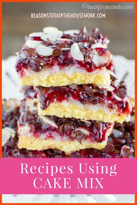 Did you know that you can use cake mix to whip up cookies, cake bars, donuts, waffles, brownies, truffles, and more? How about these red velvet chocolate, cake mix cookies, made with five ingredients? Whether it’s #cakemixcookies or fancy lemon truffles, you’ll be so ready to make some wow-worthy desserts after you read this inspiring list of recipes for a variety of desserts you can make with cake mix. www.reasonstoskipthehousework.com Recipes With Raspberry Jam, Raspberry Dessert Bars, Magic Bars Recipe, Recipes Using Cake Mix, Raspberry Bars, Magic Cookie Bars, Raspberry Desserts, Magic Bars, Raspberry Recipes