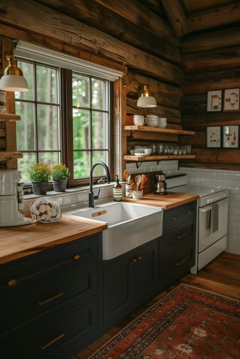 Log Cabin Farmhouse Style Kitchen, Log Home Inspiration, Rustic Log Cabin Interior Ideas, Log House Kitchen Modern, Small Modern Cabin Kitchen, Modern Rustic Cottage Interiors, Cabin Porches Ideas Rustic, Cottage Cabin Interior, Mountain Lodge Interior Design