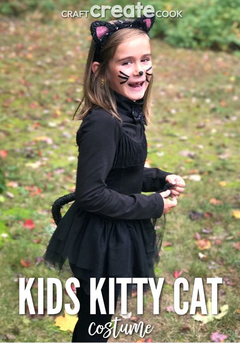 This DIY Kids Kitty Cat Costume is perfect for any last minute parent! Diy Cat Costume Kids, Homemade Cat Costume, Aristocats Costume, Halloween Diy Outfit, Cat Girl Costume, Cats Costume, Black Cat Halloween Costume, Cat Costume Kids, Cat Diy Crafts