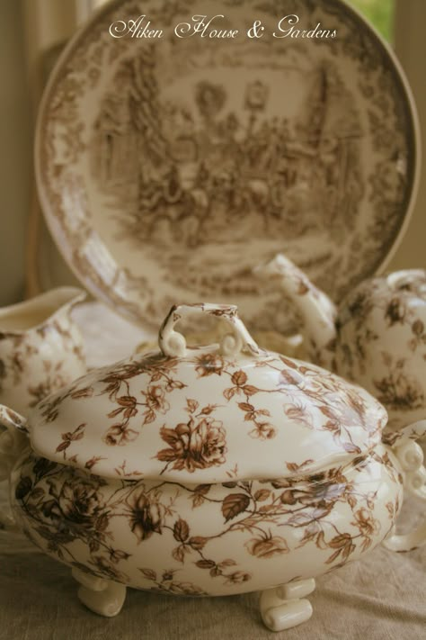 Aiken House & Gardens: Brown & White Transferware Cupboard Transferware Dishes, House Gardens, Brown Transferware, Antique Dishes, Pretty China, China Dishes, Beautiful Pottery, Antique China, China Patterns