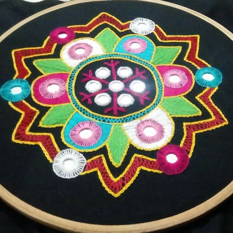 ⭐Kutch Embroidery... Mirror work.. Stitches used➡ Satin, Herringbone, Chain, Mirror stitch.. #designer_aditi_hooda #miss_wow_creations… Mirror Work Motif, Kantha Motifs, Embroidery Mirror Work, India Textiles, Kutch Embroidery, Embroidery Mirror, Kutch Work Designs, Embroidery Motif, Mirror Embroidery