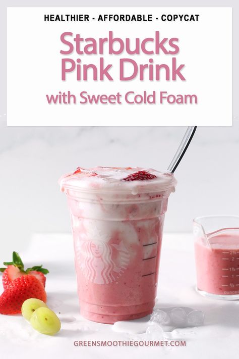 This Starbucks pink drink with cold foam is a skinny copycat of the popular trenta pink drink. Make a more wholesome version with fresh strawberries, milk and sweet vanilla cold foam or chocolate cold foam. Sweet Vanilla Cold Foam, Trenta Starbucks, Chocolate Cold Foam, Vanilla Cold Foam, Starbucks Pink Drink Recipe, Pink Drink Starbucks, Fruit Drinks Recipes, Copycat Starbucks Drinks, Starbucks Flavors