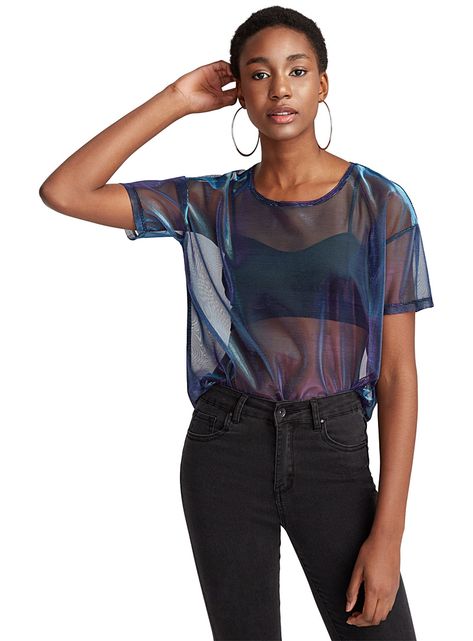 Exclusively from Twik - Show off the boldly futuristic techno look of a top that goes from metallic blue to violet - Satiny, sheer and textured material - Loose, relaxed design The model is wearing size small 90s Style Short Sleeve Festival T-shirt, Sporty Mesh T-shirt For Streetwear, Sheer Short Sleeve T-shirt, Iredesant Shirt, Black Sheer Short Sleeve T-shirt, Blue Sheers, Oversized Style, Swim Suit Bottoms, Running Clothes