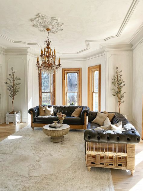 Deconstructed couch, crystal chandelier, living room, bleached floors Modern Victorian Living Room, Victorian Couch, Diy Restoration Hardware, Victorian Living Room, Victorian Interior, French Country Living Room, Diy Couch, Modern Victorian, Little Family