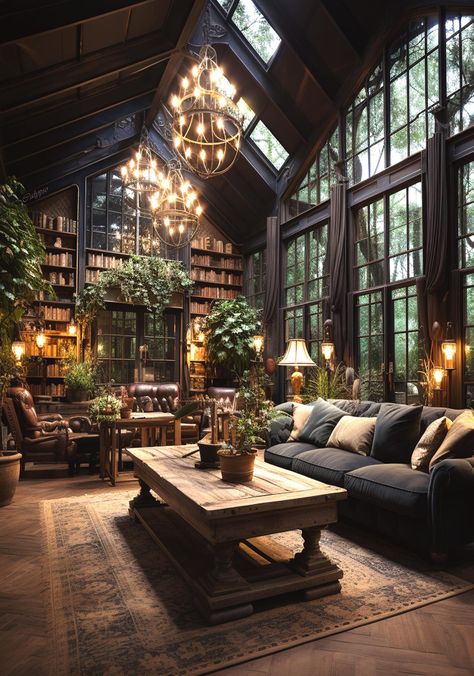 Dark House Living Room, Dark Academia Conservatory, Dark Forest Interior Design, Moody Conservatory, Dark Academia House Interior, Forest House Interior, Modern Dark Academia, Dark Academia House, Dark Cottagecore House