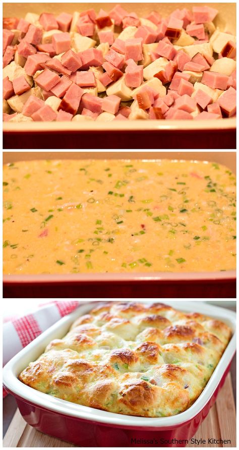 Ham And Egg Bubble Up Ham And Egg Pie, Bubble Up Bake, Grits And Greens, Brunch Egg Dishes, Brunch Casserole Recipes, Bacon Casserole, Egg Pie, Make Ahead Breakfast Casserole, Ham Casserole