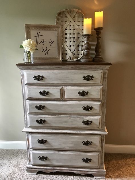 Decorating Top Of Dresser Bedrooms, Distressed Bedroom Ideas, Master Bedrooms Decor Hobby Lobby, Above Tall Dresser Decor, Chest Bedroom Decor, Decorating Tall Dresser Tops, Bedroom Dresser Decor Ideas Farmhouse, Over The Dresser Decor, Farmhouse Dresser Decor Bedroom