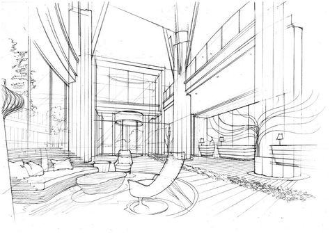 Hotel Sketch Architecture, Lobby Perspective, Hotel Sketch, Interior Architecture Sketch, Interior Design Sketchbook, Perspective Sketch, Furniture Design Sketches, Interior Design Renderings, Interior Architecture Drawing