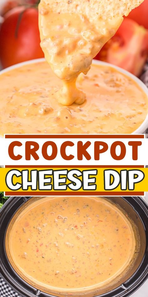 Crockpot Cheese Dip is the easiest, cheesiest party appetizer possible that takes only 5 minutes to prepare with just 5-ingredients. This slow cooker queso dip recipe is my favorite set-it-and-forget-it method to make the most flavorful food for game day get-togethers or when feeding a crowd. Vegetarian Queso Dip Crockpot, Quest Dip Crockpot, Crockpot Cheese Sauce, Potluck Meal Ideas, Crock Pot Cheese Dip, Crock Pot Snacks, Crock Pot Queso Dip, Cheese Dip With Sausage, Crockpot Queso Dip