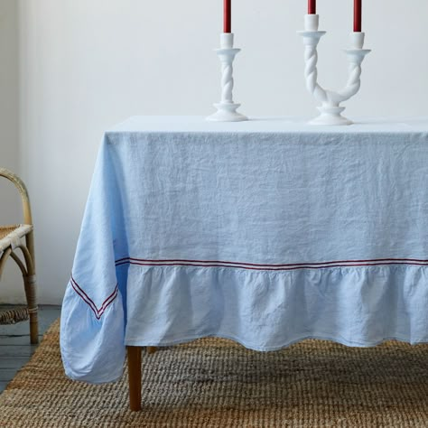 Double Piped Linen Tablecloth in Blue | Over The Moon Cards On The Table, Vase With Lights, Embroidered Tablecloth, European Linens, Linen Tablecloth, Mix And Match, Tablecloths, Tablescapes, Table Linens