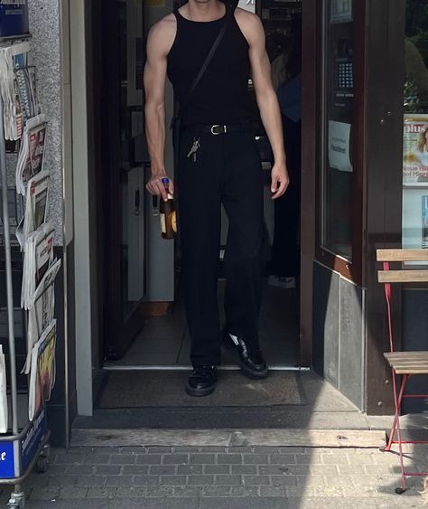 Streetstyle 23
Tanktop and suit trousers Men’s Dark Outfits, Urban Rock Style, Cigarettesaftersex Concert Outfit Men, Cool Guy Outfits Summer, Male Corporate Goth, Edgy Men Outfits, Wifebeater Outfit Aesthetic Men, Dark Outfit Men, Black Tank Top Outfit Aesthetic