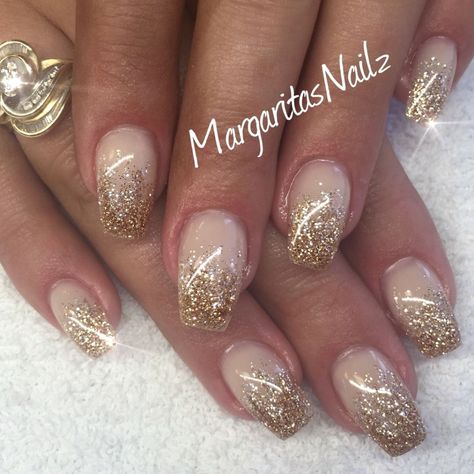 Glitter Ombre Nails, Gold Glitter Ombre, Gold Acrylic Nails, Wedding Nails Glitter, Nails Gold, Gold Glitter Nails, Ombre Nails Glitter, Rose Gold Nails, Ombre Nail Designs