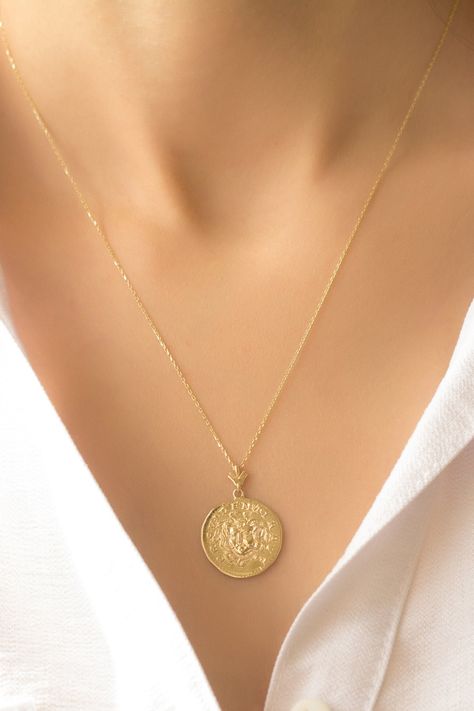 Real Gold Necklace For Women, Elegant Gold Coin Necklace, Elegant Gold Plated Medallion Necklace, Gold Long Necklace With Round Pendant, Gold Symbolic Medallion Necklace, Long Gold Necklace, Elegant Gold-tone Medallion Necklace With Gold Chain, Goddess Gold Necklace With Coin Pendant, Wishbone Necklace Gold