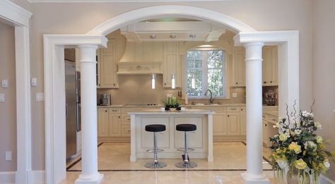 [Living Room/Kitchen] Likes: How the arch emphasizes the entry to the kitchen Dislike: The pillars of the arch. Pillar Inside Living Room, Pillars In Home, Kitchen Arches, Kitchen Column, Kitchen Arch, Archways In Homes, House Columns, Brick Archway, Kitchen Entry