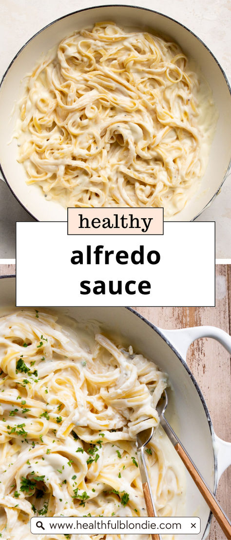 This secretly healthy Alfredo sauce is irresistibly creamy and rich, without any heavy cream or butter. Ready in under 20 minutes, it's lightened up with low-fat cream cheese, parmesan, and skim milk—making it the perfect choice for a quick and easy weeknight dinner! Cauliflower Alfredo Sauce Healthy, Oat Milk Alfredo Sauce, Alfredo Sauce Recipe No Heavy Cream, Healthy Alfredo Sauce Recipe, High Protein Pasta Recipes, Healthy Alfredo, Protein Pasta Recipes, Easy Dressing Recipe, Healthy Alfredo Sauce