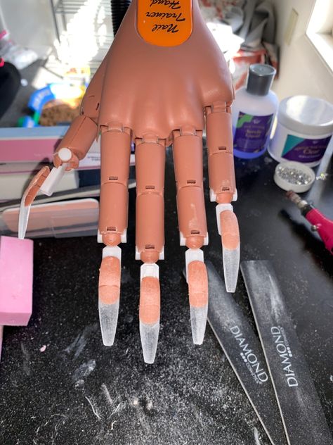 Nails Practice Hand, Practicing Acrylic Nails, Nails On Practice Hand, Practice Hand Nails, Nail Tech Practice, Beginner Nail Tech Essentials, Must Have Nail Tech Supplies, Acrylic Nail Tech, Acrylic Nail Practice Hand