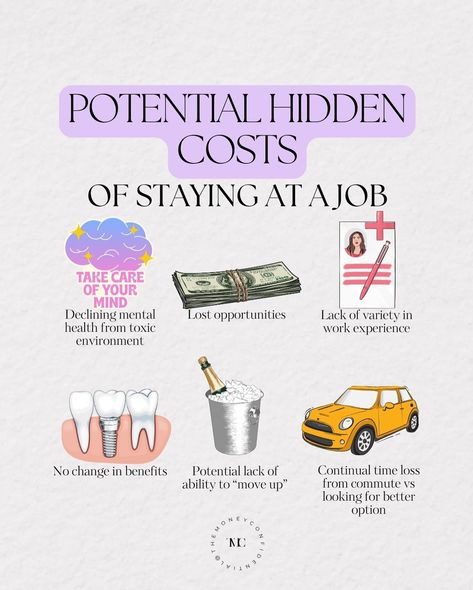 Sneaky potential hidden costs of staying at a job Note: This isn’t advice to go jump ship at your current job, but some food for thought. ❤️ Staying at an old job can be easy because it is comfortable. 👩🏻‍💻We have figured out the workplace dynamics. 👯We have already made workplace friendships. 🙅🏼‍♀️We have already made our boundaries known. 😌The job is predictable, familiar, + comfortable. But, what are the costs of staying at an old job? 😢 Declining mental health from a toxic work e... Career Building, Personal Care Routine, Job Tips, Job Interview Tips, Money Life Hacks, Healthy Lifestyle Inspiration, Interview Tips, Glow Up Tips, Advice Quotes