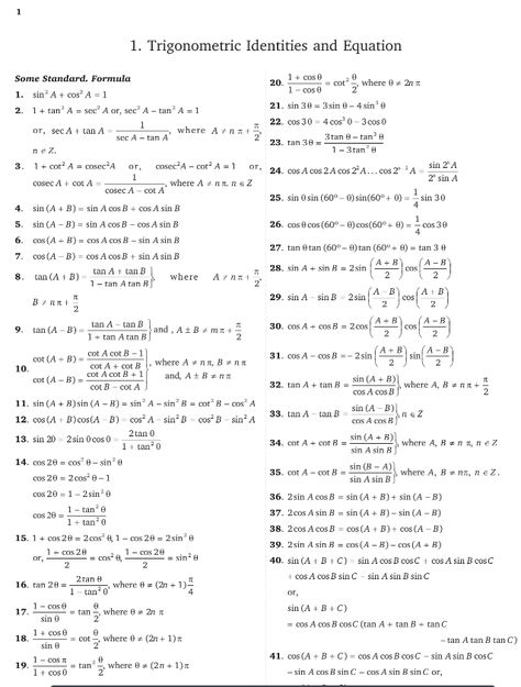 JEE (Main & Advanced) Formulae Sheet :Mathematics Theory Trigonometric Identities & Equations - PDF Jee Advanced Motivation, Trigonometric Table, Trig Identities, Mathematics Formula, Trigonometric Identities, Hate Math, Math Models, Jee Main, I Hate Math