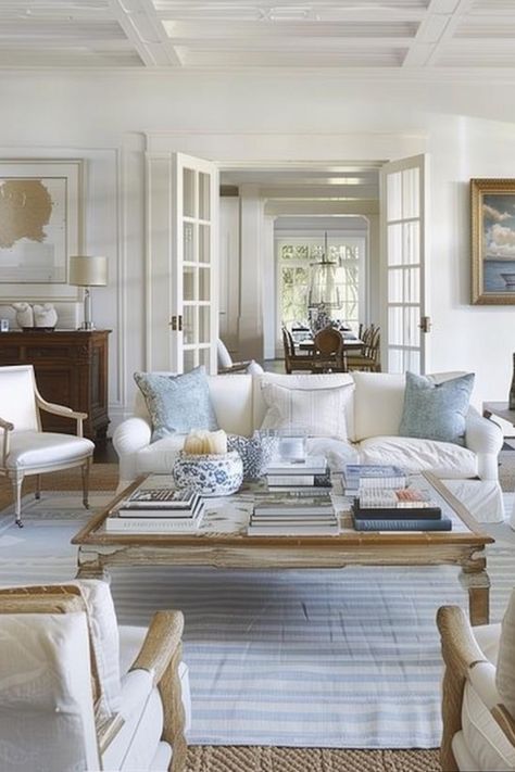 Nancy Meyers Interior Design Aesthetic: How To Get The Look Rooms With White Sofas, Hamptons Aesthetic Living Room, Relaxed Elegance Interior Design, Southern Charm Living Room, Coastal Vintage Living Room, Living Room Nancy Meyers, Nancy Meyers Beach House, Nancy Meyers Coffee Table, New England Decor Coastal Style