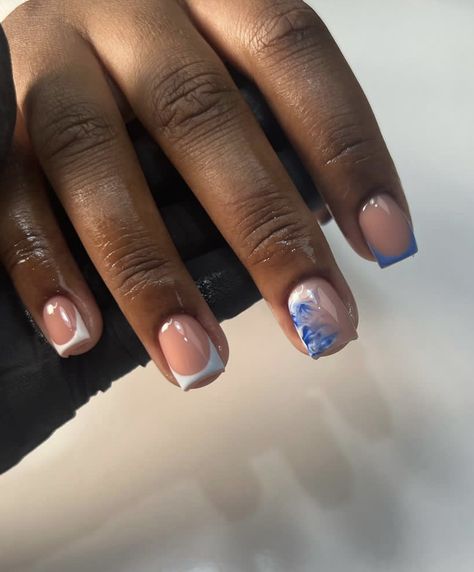 Short Nails With Blue Design, Very Short Nail Designs Simple, Short Manicured Nails Gel Designs, Short Square Acrylic Nails Funky, Light Blue And Silver Nails Short, Short Everyday Nails, Short Square Overlay Nails, Short Blue And Silver Nails, Bib Short Nails