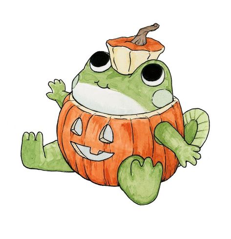 Cute Halloween Animals Art, Cute Art Halloween, Halloween Cute Art, Cute Halloween Art, Frog With Mushroom, Halloween Frog, Mushroom Images, Frog Illustration, Frog Art