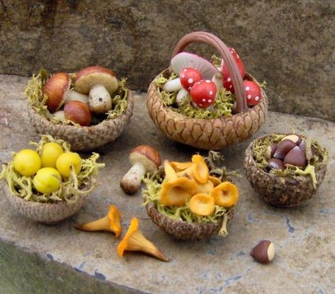 tiny fairy food!: Food Mushrooms, Miniature Mushrooms, Acorn Caps, Fairy Food, Food Flowers, Tiny Fairy, Bergamo Italy, Fairy Garden Furniture, Acorn Crafts