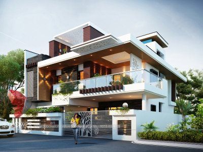 See Complete Architectural 3D Visualization, 3D Rendering, 3D Interior Exterior Designs gallery at one place. Hotel Elevation, Bungalow Designs, External Design, 3d Power, Individual House, Modern Bungalow Exterior, House Architecture Styles, Best Modern House Design, Bungalow Exterior