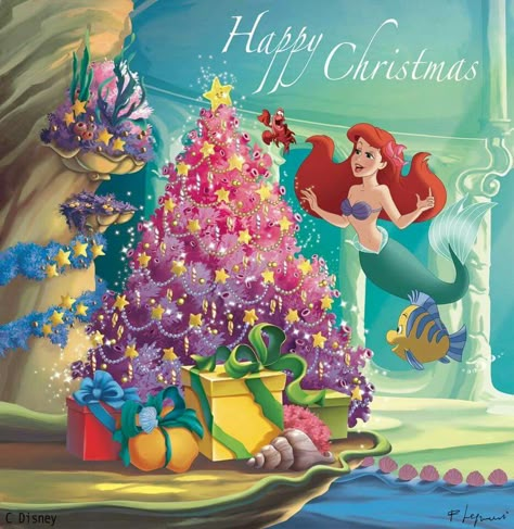 The Little Mermaid Christmas Little Mermaid Christmas Tree, Disney Christmas Wallpaper, Little Mermaid Christmas, Ariel Christmas, Ariel Fanart, Princesa Ariel Disney, Mermaid Christmas Tree, Disney Merry Christmas, Mickeys Christmas Carol