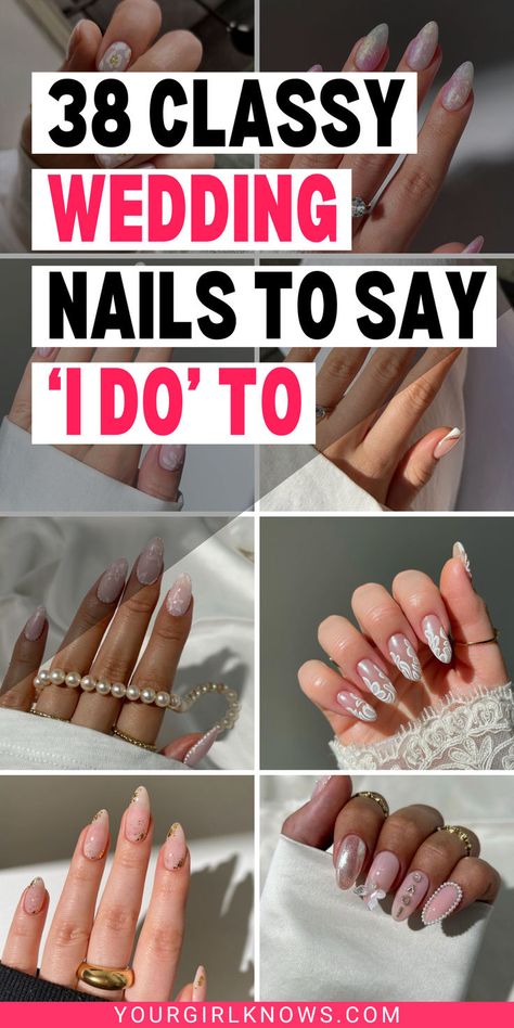 Say "I do" to the perfect manicure! Are you searching for the dreamiest wedding nails for the bride? Look no further! Our collection of wedding nail designs ranges from simple wedding nails that whisper sweet sophistication to trendy wedding nails that scream modern glamour. Whether you're all about that classy bridal look or on the hunt for something uniquely you, we've curated ideas that will have you swooning! Explore classy wedding nails that match any bride's style! Bride Nails Fall, Engagement Nails Acrylic Simple, Simple Wedding Nails For Bride Acrylic, Vintage Bridal Nails, Wedding Day Nails Bride, Almond Nails For Wedding Guest, Mrs Nails Design, Formal Event Nails Black Tie, Bride Dip Nails