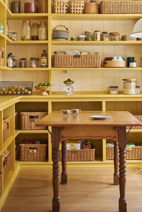 Swipe for major pantry organisation. Transform your kitchen storage into a haven of creativity with organised essentials and style. Whether you're looking for cabinets, vintage jars or trinkets, find your perfect pieces on Vinterior. Images in order via @metacoleman_., @the_flint_house, @homeandgardensofficial @kensingtonleverne, @emma_ainscough @horwoodphoto, @artichoke_ltd. Paint Pantry Interior, Yellow Pantry, Breakfast Nook Furniture, Painted Pantry, Painting Shelves, Banquette Seating In Kitchen, Tongue And Groove Panelling, Yellow Interior, Classic Kitchen