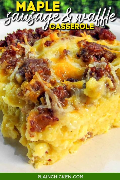 Maple Sausage and Waffle Casserole - Plain Chicken Waffle Casserole, Maple Sausage, Overnight Breakfast Casserole, Sausage Casserole, Slow Cooker Tacos, Plain Chicken, Breakfast Waffles, Weekly Meal Plan, Breakfast Recipes Casserole