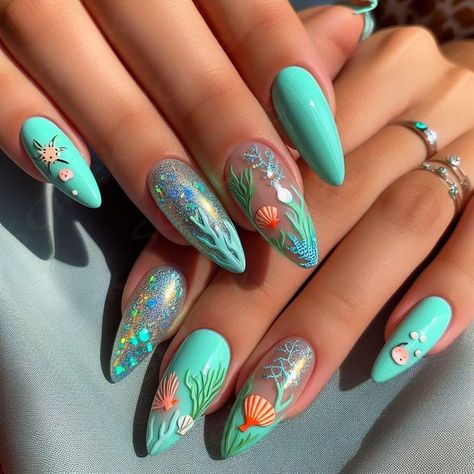 by #SamaliKasthuri #Summer #Nails #Ideas Nails Art Summer 2024, Summer Nails Ideas 2024 Almond, Nail Inspiration Summer 2024 Almond, Nail Designs With Chrome, Ocean Nails Designs, Nail Chrome Designs, Nail Art Summer 2024, Glitter Summer Nails, Nails Seashell