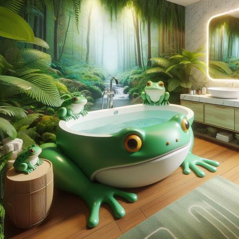 Frog Inspired Furniture, Frog In Bathtub, Frog Themed Bathroom, Frog Furniture, Frog Bathroom Decor, Frog Bathroom, Theme Bathroom, Frog Stuff, Frog House