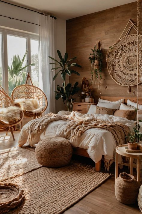 White Wall Boho Bedroom, Golden Boho Bedroom, Cute Boho Bedroom Ideas, Cute Boho Room Ideas, Boho Neutral Bedroom Decor, Cozy Earthy Bedroom Boho, Clean Boho Aesthetic, Boho Theme Bedroom, Boho Bedroom With Plants