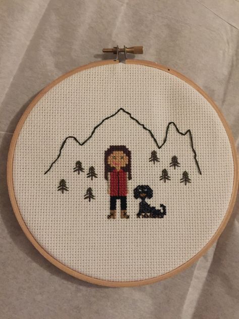 Adventure cross stitch embroidery diy girl mountains dog pet Hiking Cross Stitch, Adventure Cross Stitch, Cross Stitch Dog, Camping Girl, Mountains Hiking, Embroidery Diy, Fun Fun, Stitch Embroidery, Diy For Girls