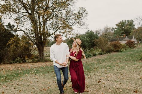 Burgundy Dress Engagement Pictures, Fall Engagement Pictures, Dress Engagement, Dress Photography, Couple Picture, Engagement Dress, Engagement Picture, Engagement Photos Fall, Wedding 2024