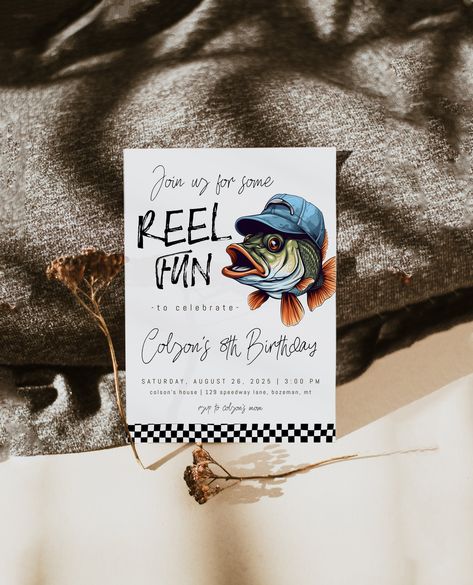 Bass Themed Birthday Party, Bass Pro Shop Birthday Party, Fishing Fourth Birthday Party, Fishing 3rd Birthday Party, 5th Birthday Themes Boy, Fish Birthday Invitations, Fishing Birthday Party Invitations, Fish Birthday Theme, 6th Birthday Boy Theme