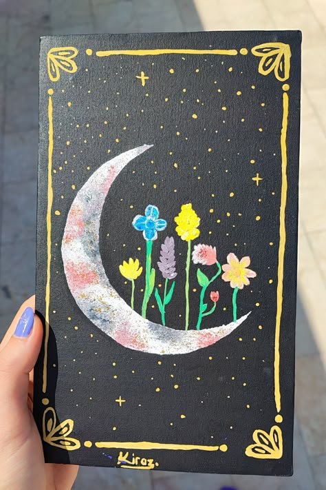 gold metallic moon and flower design art acrylic painting glittered art on canvas Witch Canvas Painting, Witchy Painting Ideas, Witchy Painting, Canvas Painting Acrylic, Cute Painting Ideas, Floral Acrylic Painting, Room Paintings, Black Canvas Art, Whimsy Art