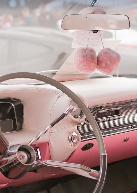 Car Dice Aesthetic, Pink Car Astethic, Pink Race Car Aesthetic, Pink Fuzzy Dice Car, Pink Dice For Car, Coquette 60s, Pink Convertible Car Aesthetic, Pink Chevy, Car Dice