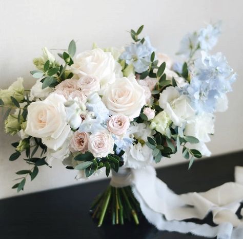 White And Pastel Bridal Bouquet, White Blush Blue Bouquet, Pastel Blue Bouquet, Bridal Bouquet Summer Blue, White Bridal Bouquet With Hint Of Blue, Dainty Wedding Bouquet, Bridal Bouquet Blue And Pink, White Pink Blue Wedding Bouquet, Blush And Blue Bouquet