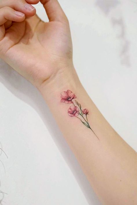 21 Flower Tattoos Designs And Meanings For Your Inspo | Page 6 of 8 Wildflowers Tattoo, Pastel Tattoo, Poppy Flower Tattoo, Flower Wrist Tattoos, Poppies Tattoo, Shape Tattoo, Beautiful Flower Tattoos, Illustration Tattoo, Small Flower Tattoos