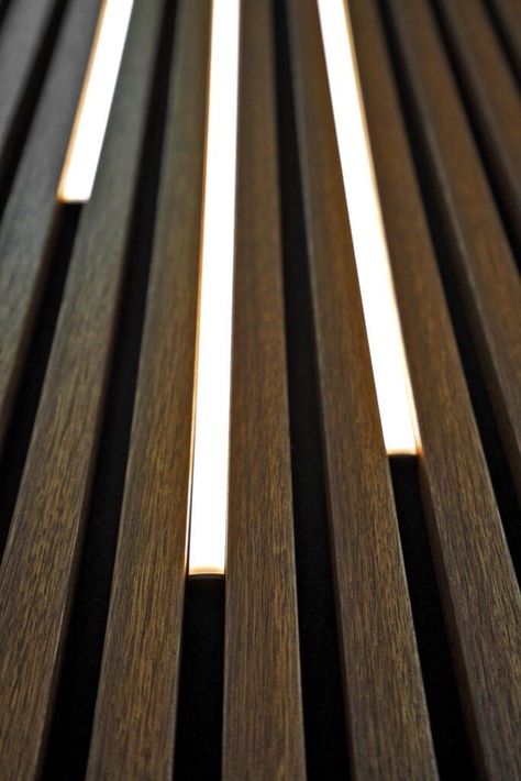 Wall Panelling Led Lights, Acoustic Wall Panels Bedroom, Slat Wall With Lights, Black Wood Slat Wall, Slat Wall Lighting, Wood Slat Wall Bathroom, Wood Panel Lighting, Garden Room Lighting, Acustic Panels