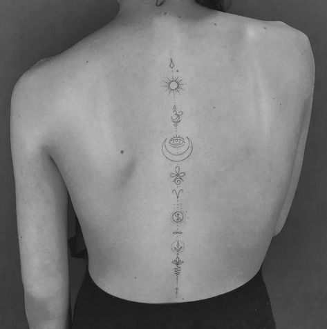 Back Astrology Tattoo, Third Eye Spine Tattoo, Yoga Spine Tattoo, Unalome Third Eye Tattoo, Aries Unalome Tattoo, Lotus Sun Moon Star Tattoo, Sun Moon Unalome Tattoo, Unalome Spine Tattoos For Women, Spine Tattoos For Women Aries