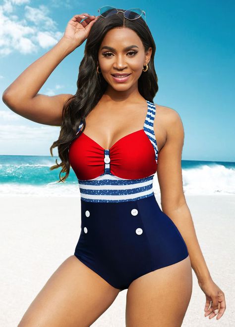 American Flag Print Cutout Back Button Detail One Piece Swimwear Lingerie Design, Swimwear Pattern, Swimsuits Outfits, American Flag Print, Classic Cardigan, One Piece For Women, Bra Styles, One Piece Swimwear, Hoodie Print